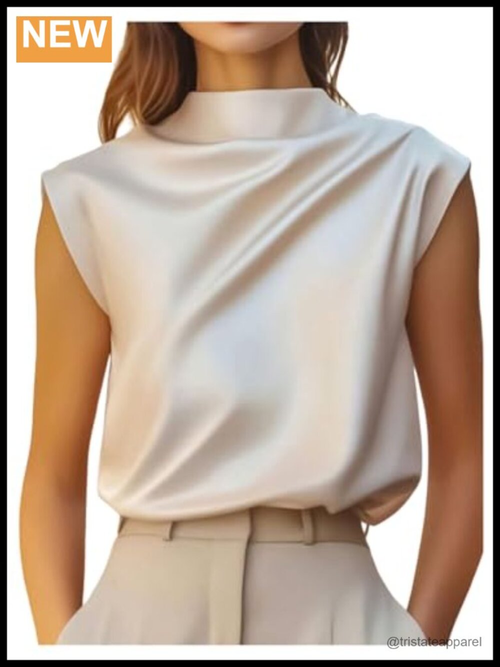 Silk Satin Mock Neck Cap Sleeve Ruched Blouse with Back Zipper